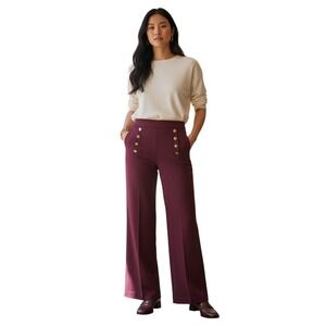 Haver + Blair Burgundy Wide Leg Crop Sailor Pants Gold Button women's Large NWT